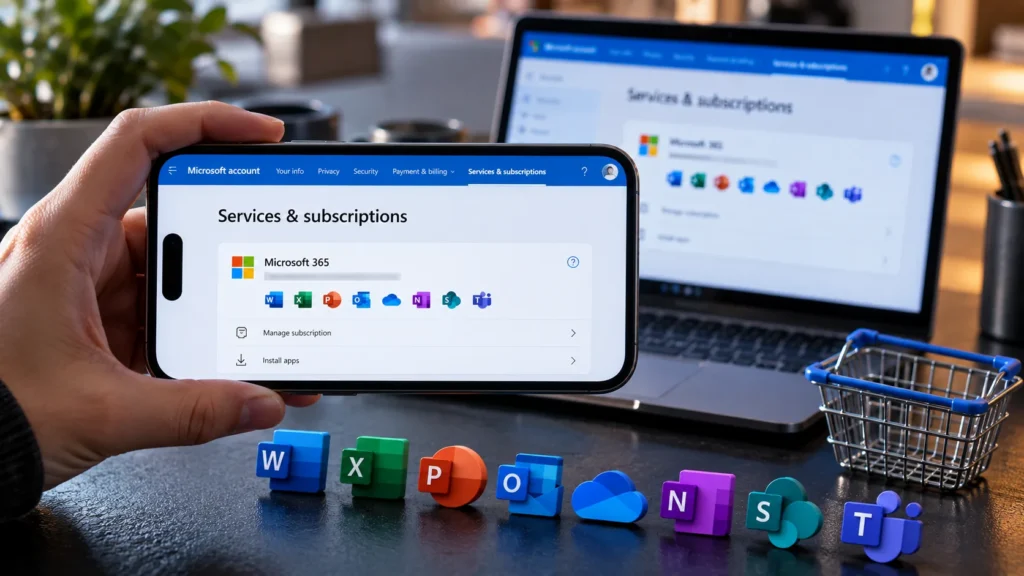 Telefonda Microsoft hizmetler ve abonelikler sayfası, arkada dizüstü ve Office ikonları