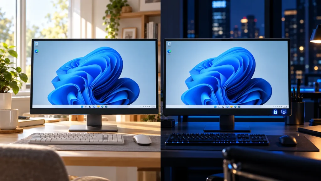 Aydınlık ve karanlık ortamda Windows 11 masaüstü gösteren iki monitör