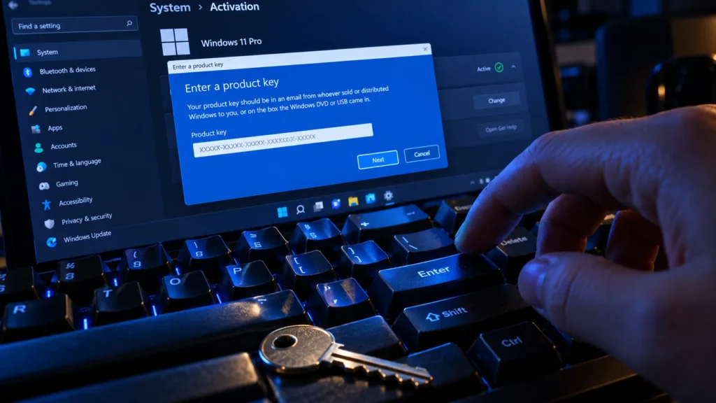 Windows 11 ürün anahtarı girme penceresi ve klavyede metal anahtar