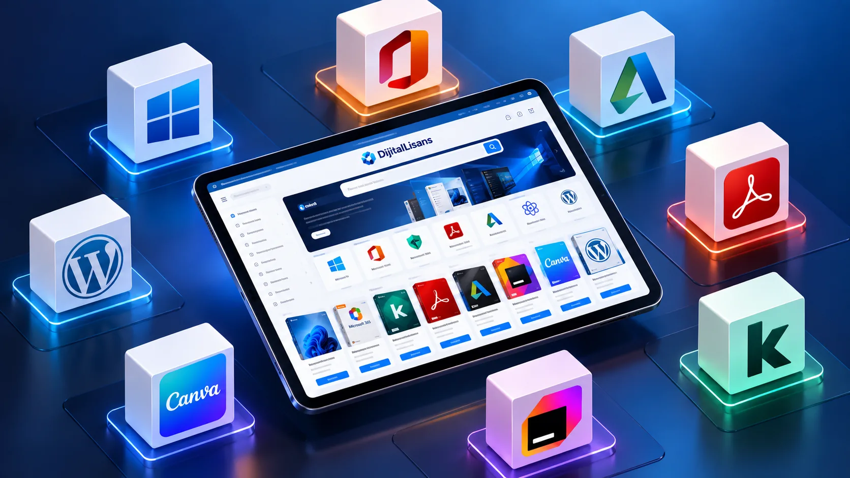 Dijital Lisans Satın Al | Orijinal ve Uygun Fiyatlı Dijital Lisanslar 1 İzometrik sahnede tablet üzerinde DijitalLisans ana sayfası ve satılan markaların logolu küpleri