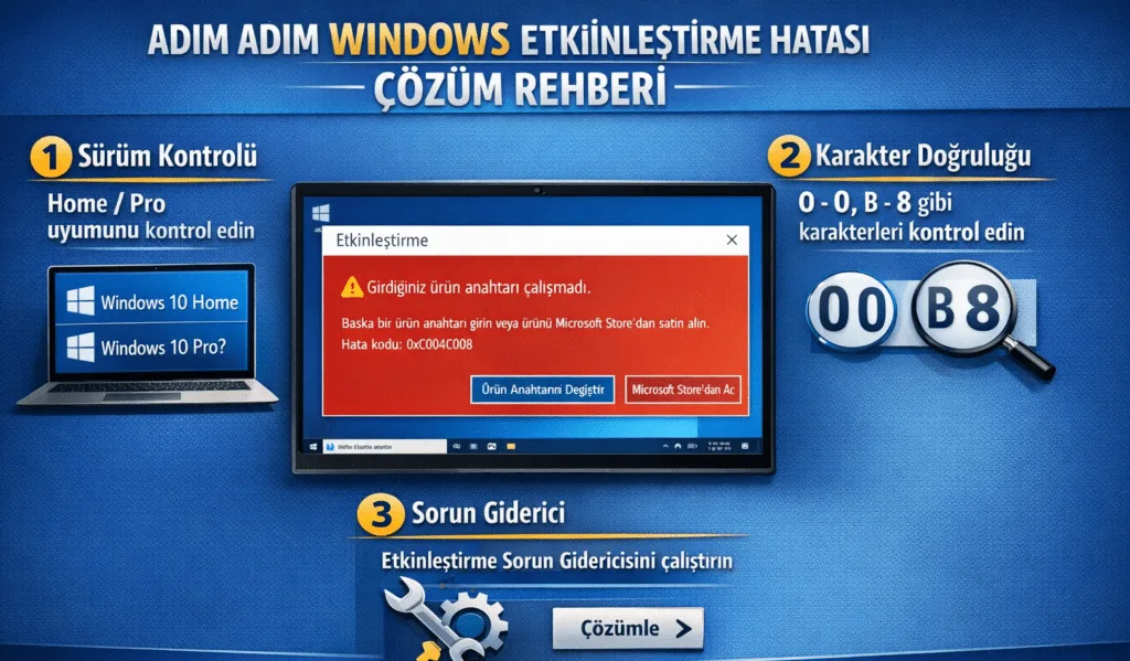 Windows ürün anahtarı çalışmadı hatası çözüm adımları