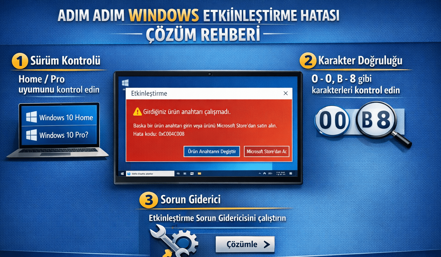 Windows 11 etkinleştirme hatası 0xc004f050 ve 0xc004f074 kesin çözümü