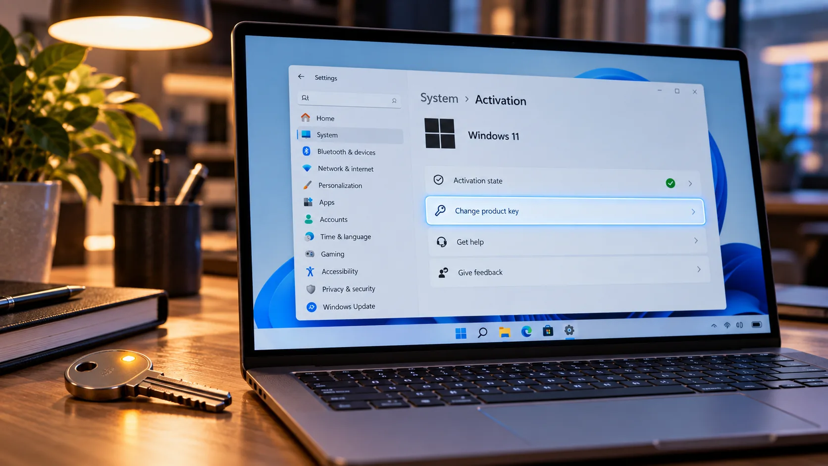 Klavyede metal anahtar, monitörde Windows 11 Etkinleştirme ayarlarında ürün anahtarını değiştir satırı