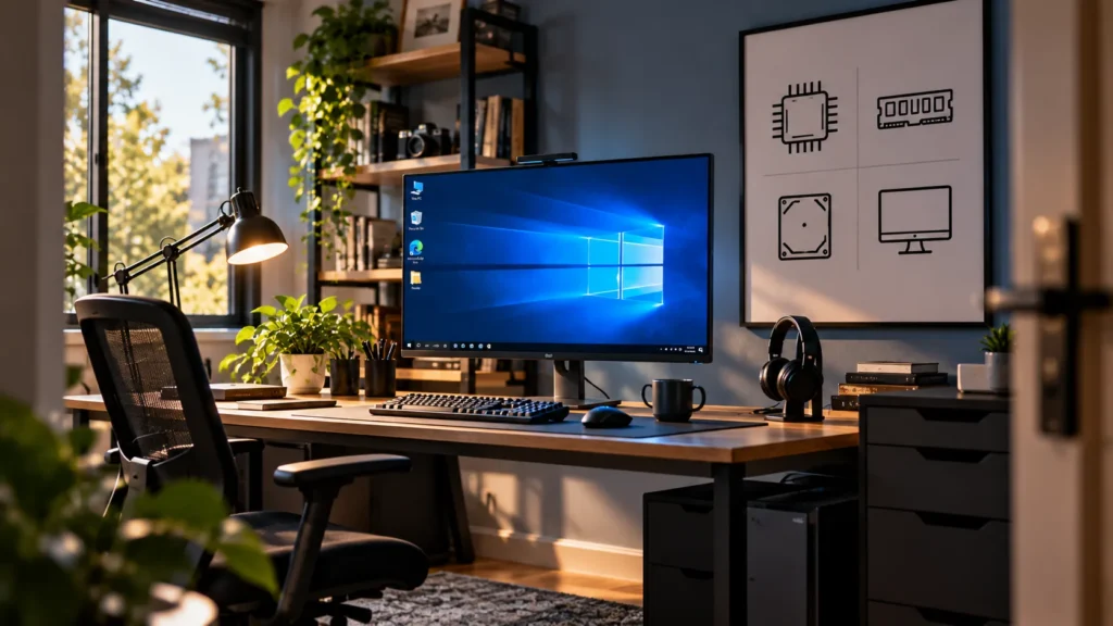 Ev ofisinde Windows 10 masaüstü ve duvarda donanım simgeleri posteri