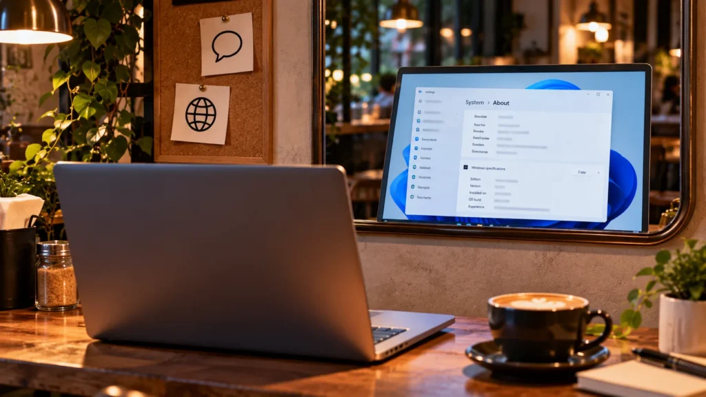 Kafede dizüstü bilgisayar; aynada Windows 11 Hakkında sayfası, panoda dil simgeleri