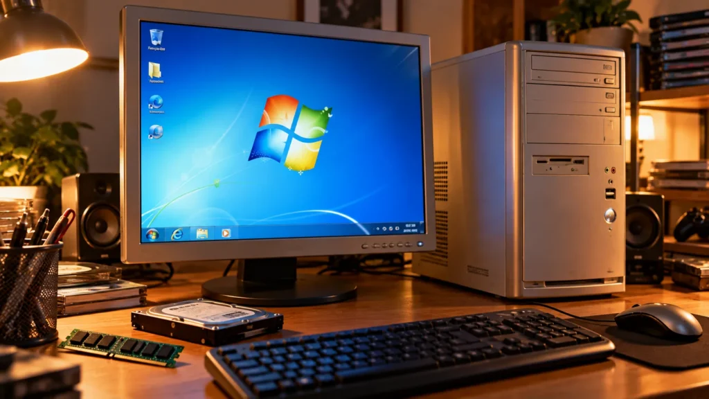 2010 dönemi kasa ve monitörde Windows 7 masaüstü, masada RAM ve sabit disk