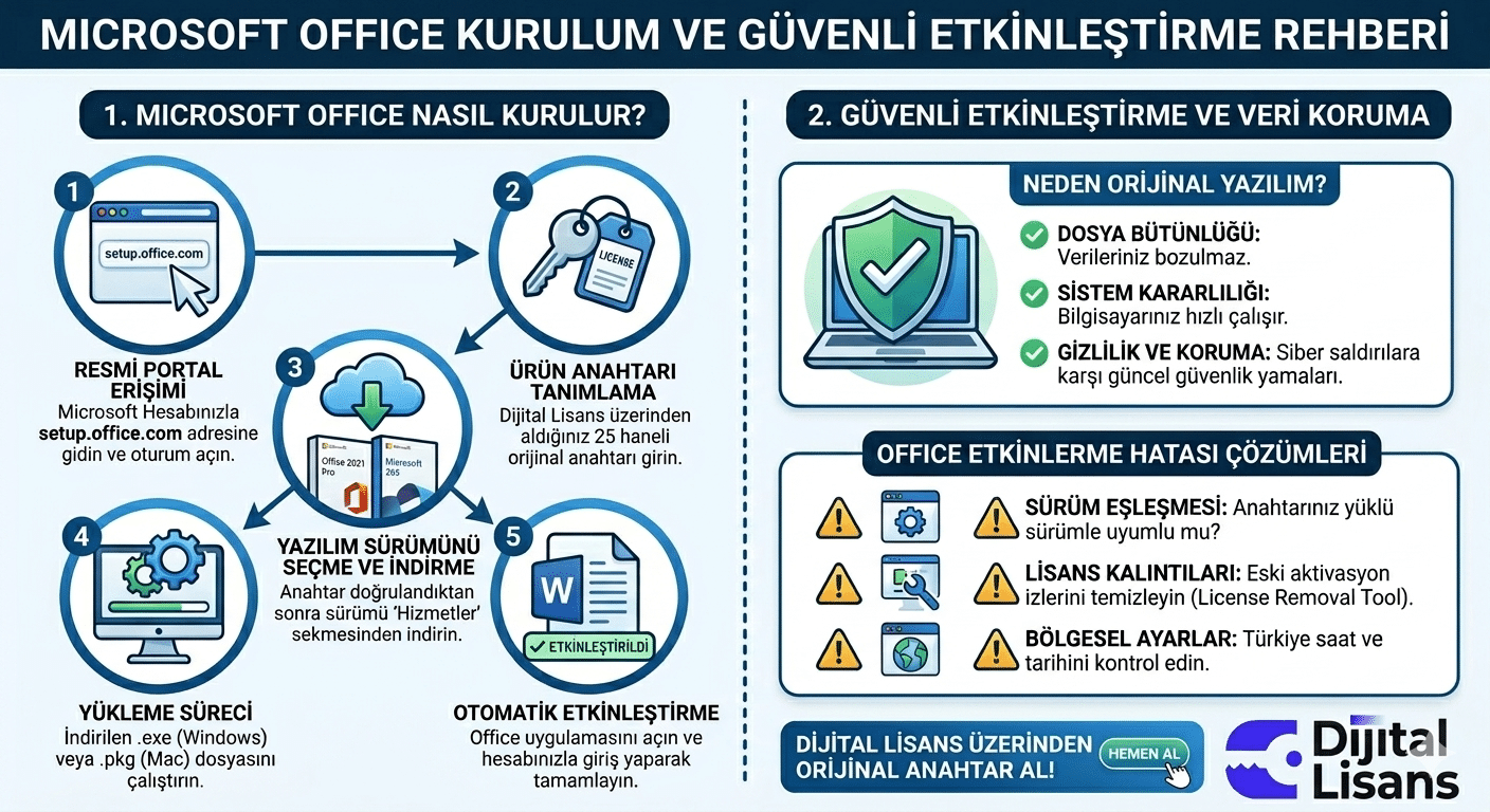 Microsoft Office programları güvenli aktivasyon ve kurulum rehberi infografiği