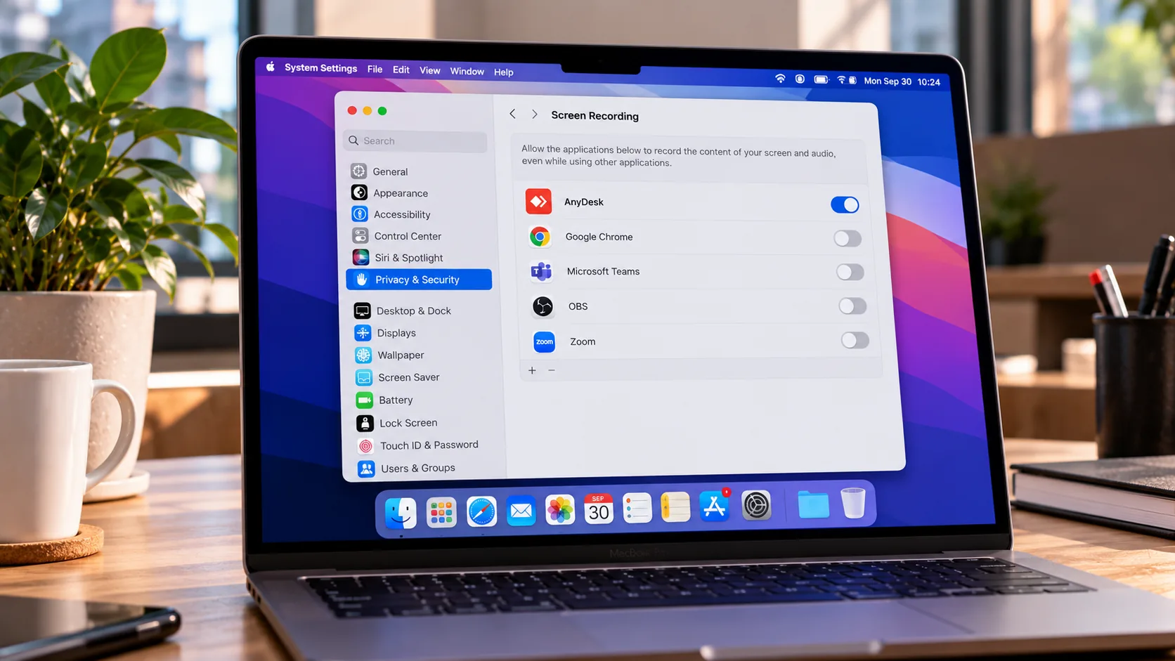 MacBook ekranında macOS Ekran Kaydı izinleri ve AnyDesk girişi