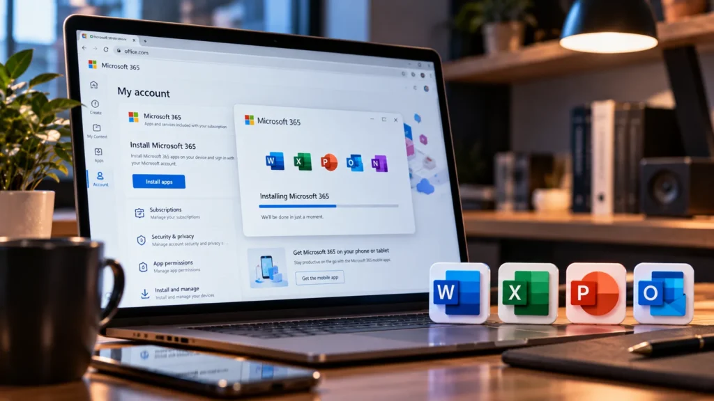 Oturma odasında tablette office.com kurulum sayfası ve dizüstünde Microsoft 365 kurulum penceresi