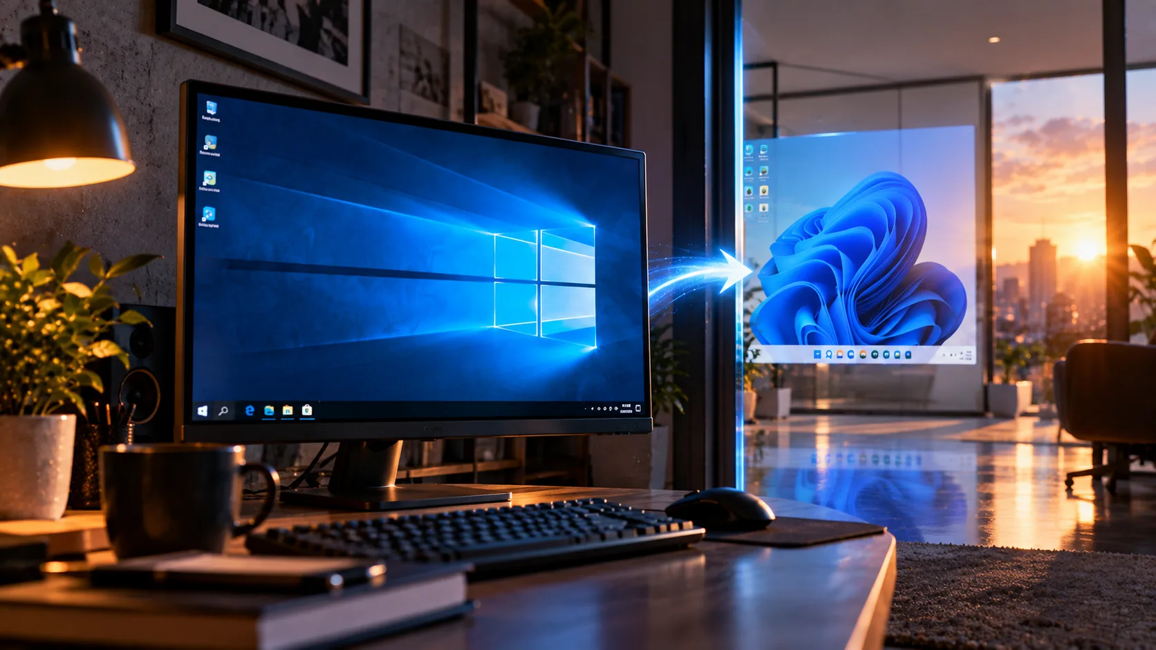 Monitörde Windows 10 masaüstü, pencere yansımasında Windows 11 masaüstü