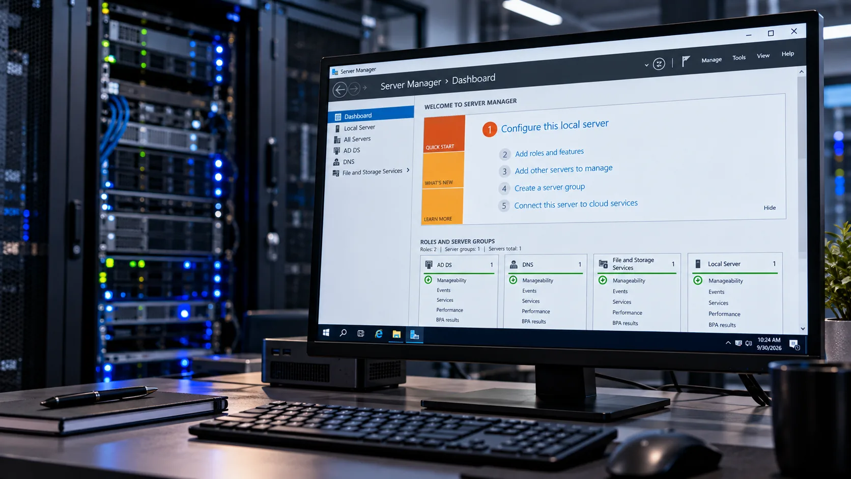 Windows Server Nedir? Sürümleri ve Kurulum Rehberi 1 Sunucu odasında rack kabinler ve monitörde Windows Server Yöneticisi paneli