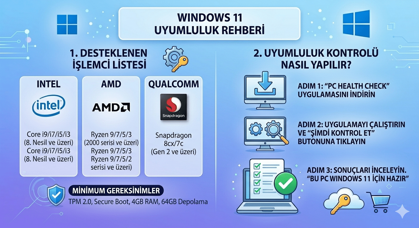 Windows 11 desteklenen işlemci listesi ve PC Health Check uygulamasıyla uyumluluk kontrolü nasıl yapılır infografik rehberi.