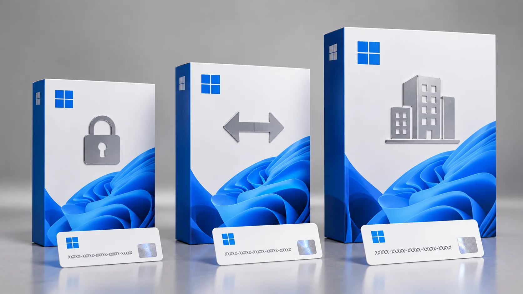 OEM, Retail ve Volume Lisans Arasındaki Farklar Nelerdir? 1 OEM, Retail ve Volume lisansı simgeleyen üç farklı boyutta Windows kutusu
