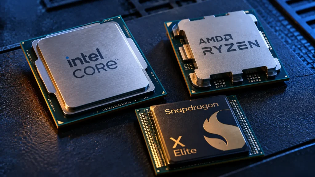 Antistatik mat üzerinde Intel, AMD Ryzen ve Snapdragon X Elite işlemciler