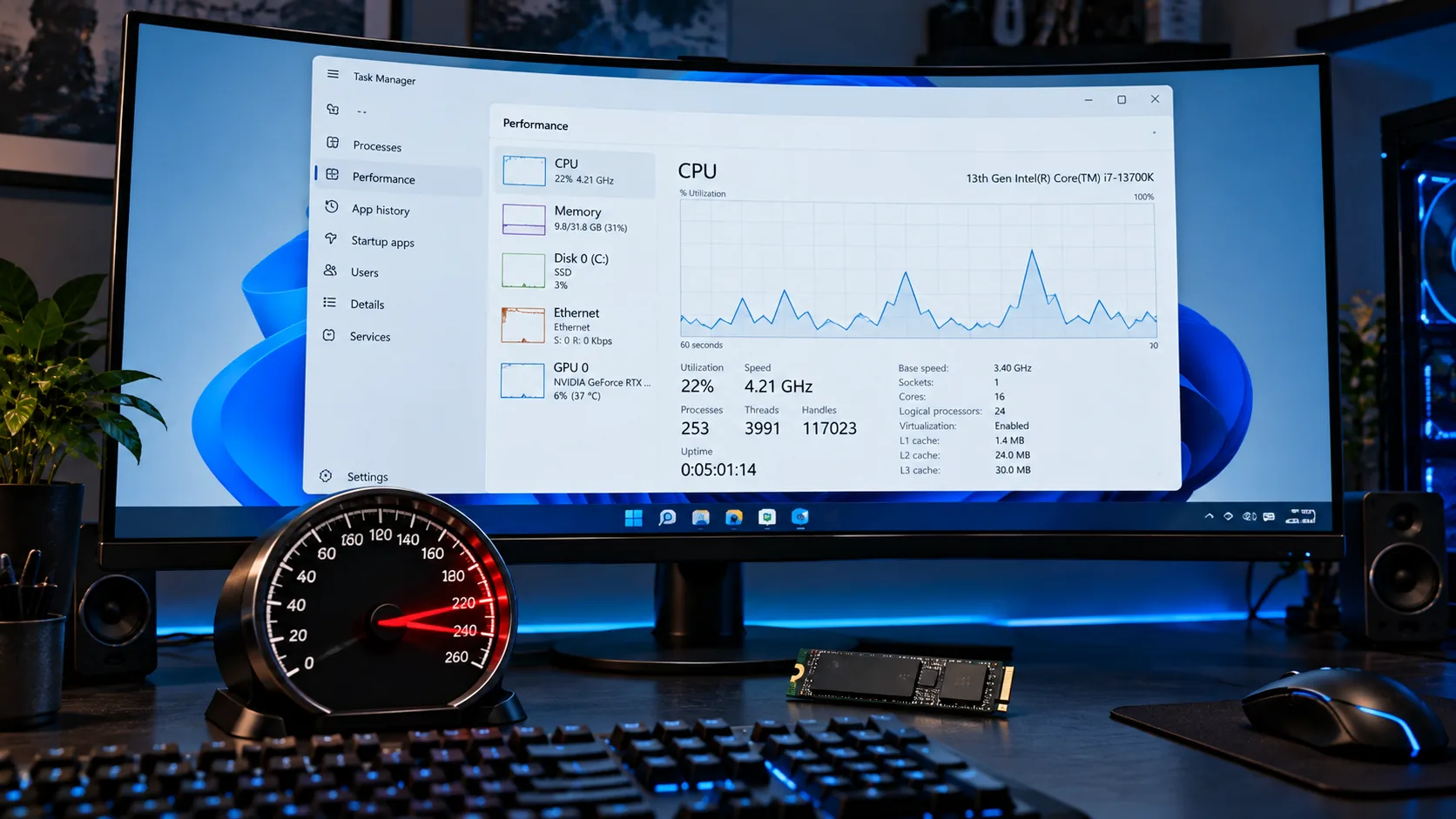 Windows 11 Yüklü Bilgisayarınızı Hızlandırmanın 15 Etkili Yolu 1 Ultra geniş monitörde Windows 11 Görev Yöneticisi performans sekmesi ve masada hız göstergesi