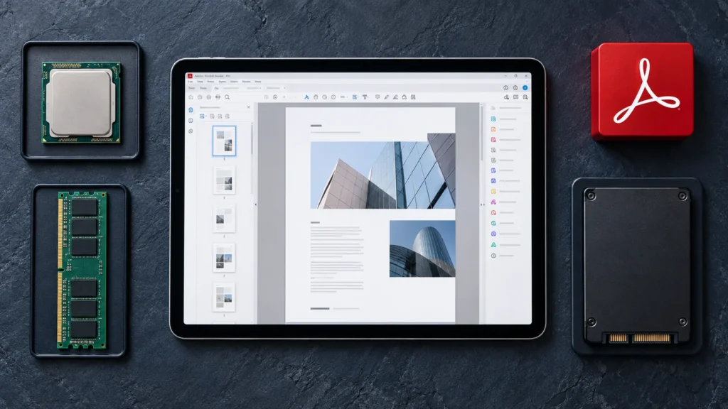 Tablet ekranında Adobe Acrobat Pro 2020 arayüzü, çevresinde işlemci, RAM ve SSD parçaları