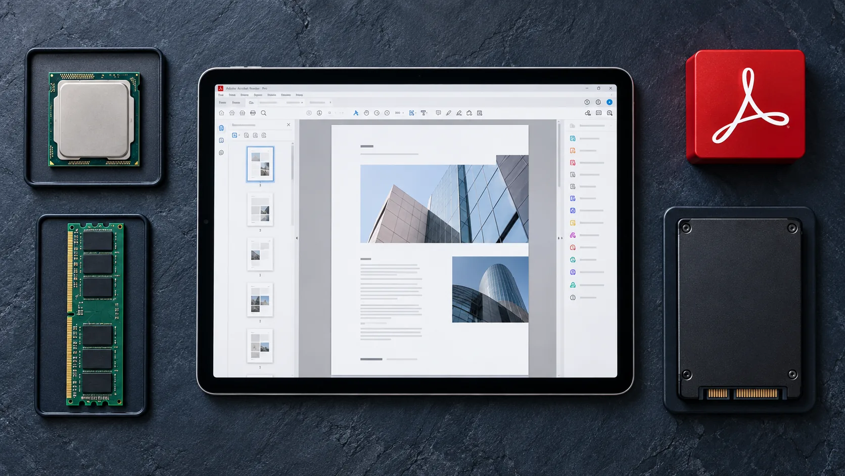 Adobe Acrobat Pro 2020 Sistem Gereksinimleri 1 Tablet ekranında Adobe Acrobat Pro 2020 arayüzü, çevresinde işlemci, RAM ve SSD parçaları