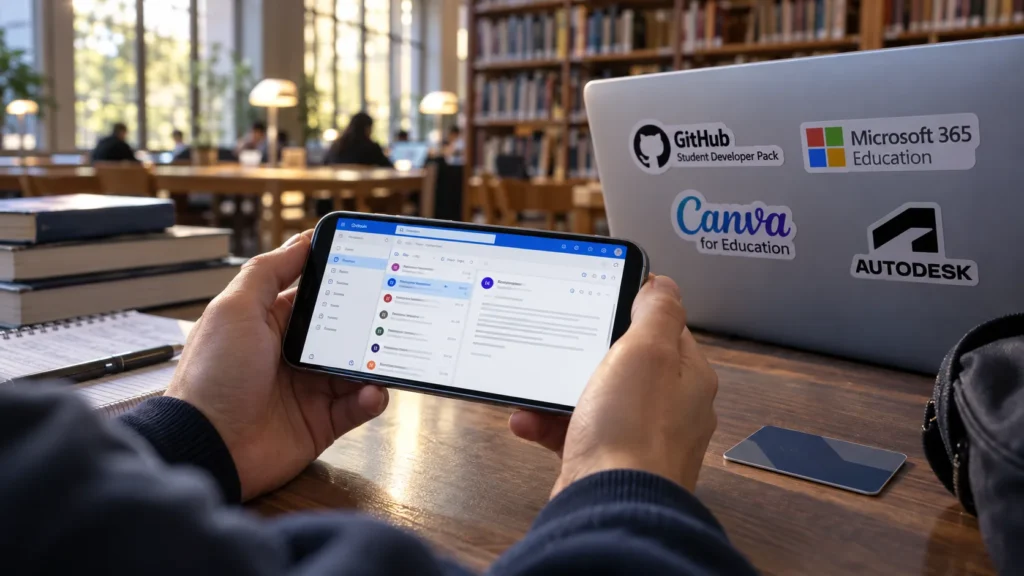 Üniversite kütüphanesinde telefonda webmail gelen kutusu; dizüstü kapağında GitHub, Microsoft 365, Canva ve Autodesk eğitim logoları