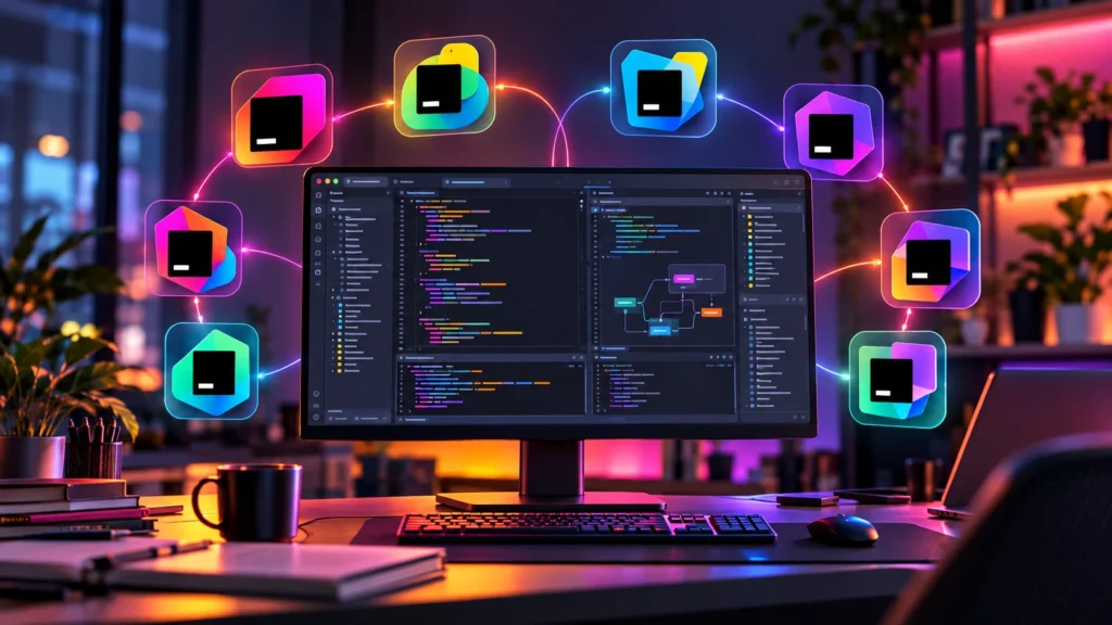 JetBrains IDE ailesini ve yazılım geliştirme çalışma alanını anlatan özgün kapak görseli