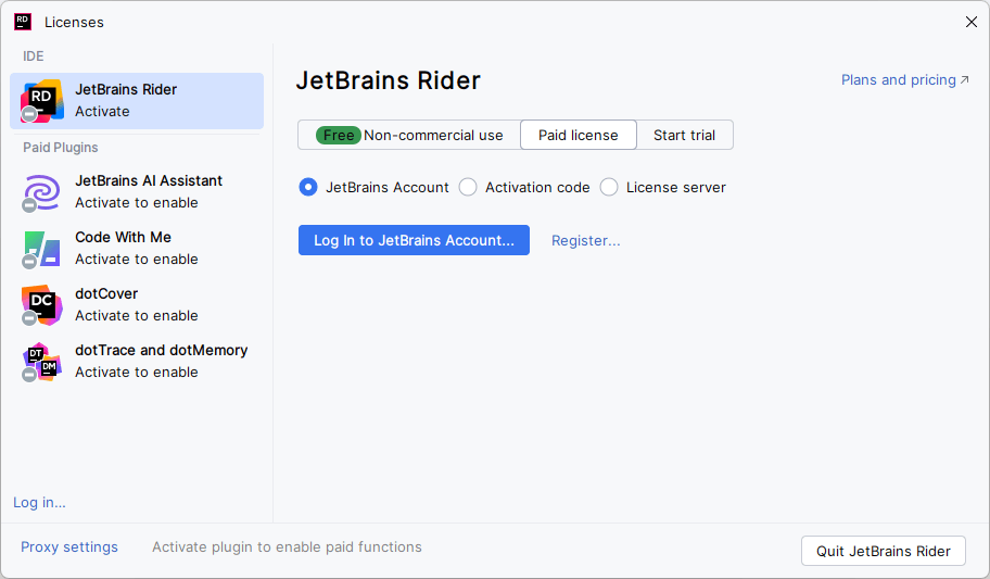 JetBrains Rider lisans ekranında JetBrains Account ile giriş seçeneği