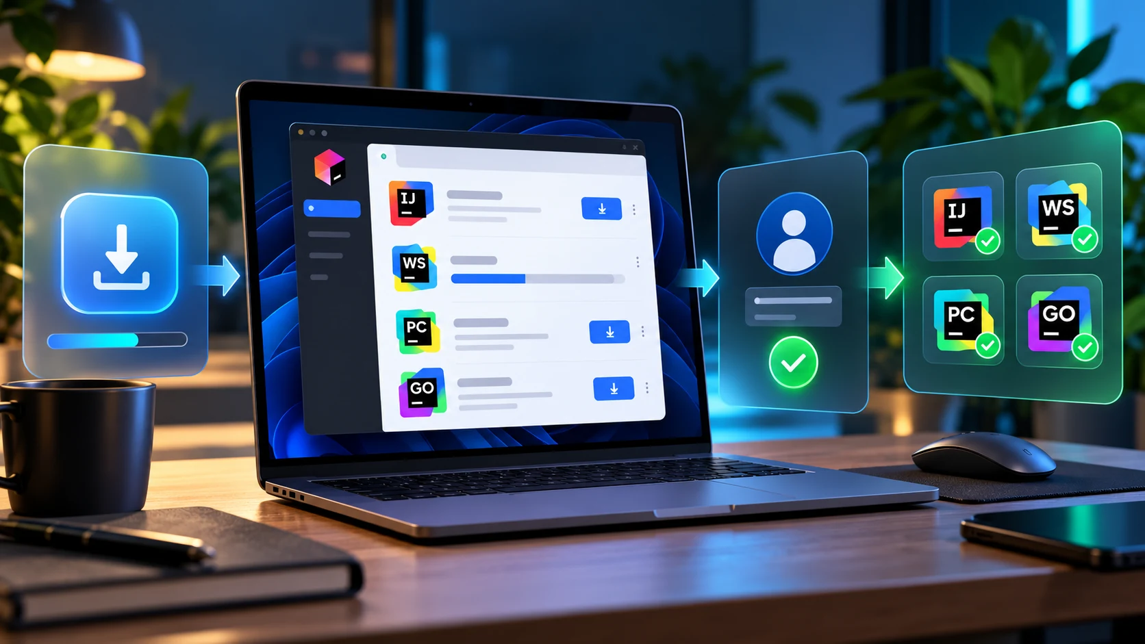 JetBrains Toolbox kurulum, hesap girişi ve etkinleştirme akışını anlatan özgün kapak görseli