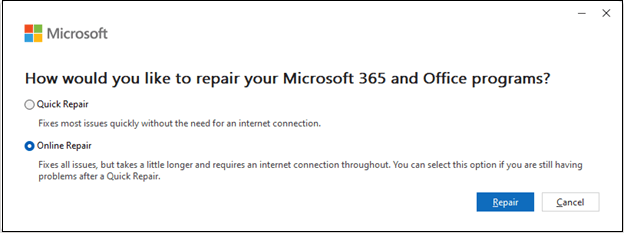 Office Lisanssız Ürün Uyarısı Nasıl Çözülür? 3 Microsoft 365 ve Office için Hızlı Onarım ile Çevrimiçi Onarım seçenekleri