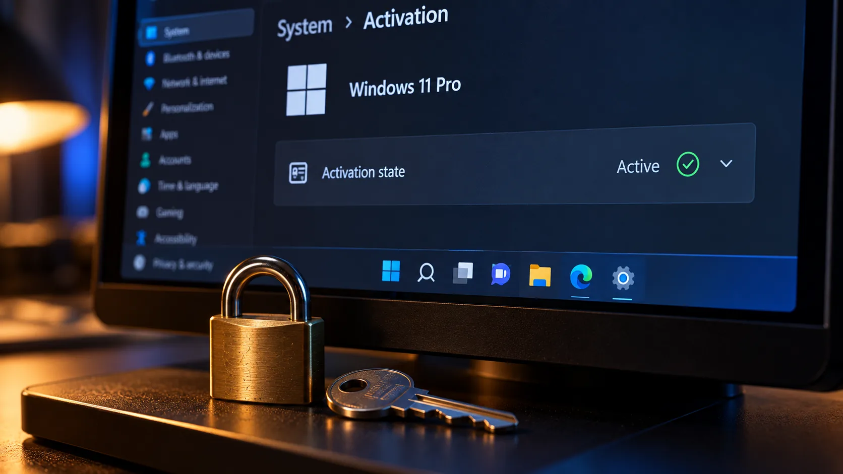 Windows 11 Etkinleştirme ekranında etkin durum satırı, önünde asma kilit ve anahtar
