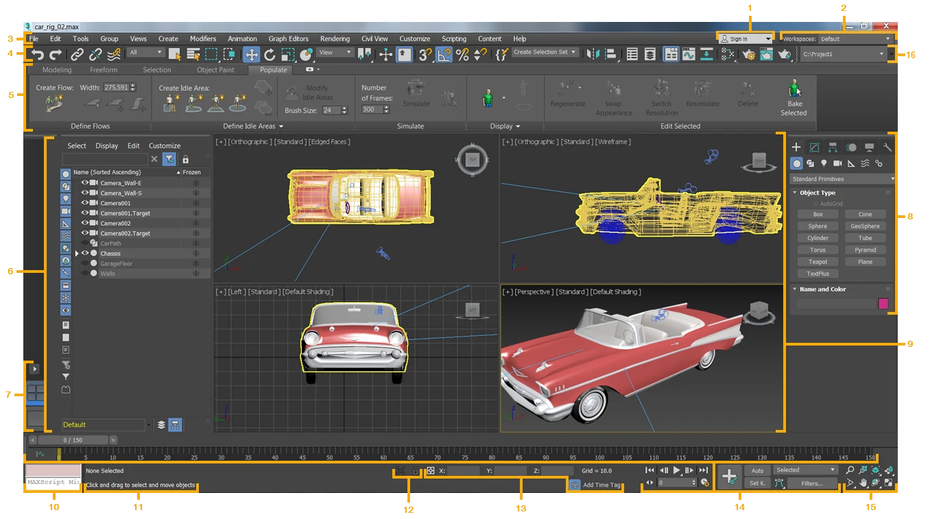 3ds Max mi Blender mı? Hangisiyle Başlamalısınız? 2 3ds Max arayüzünde bir otomobil modelinin dört ayrı görünümle düzenlenmesi