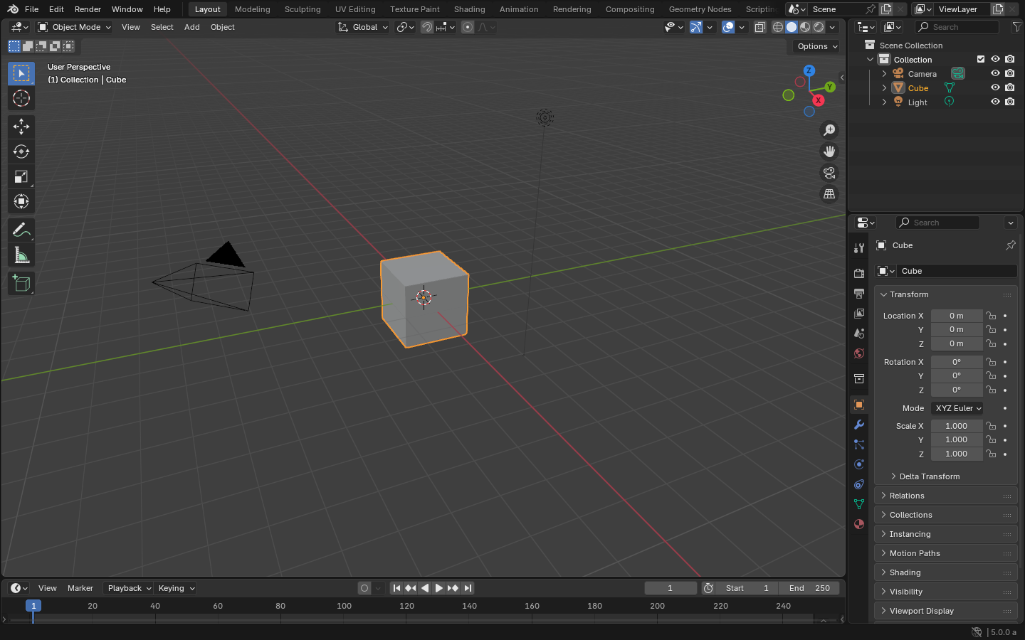 3ds Max mi Blender mı? Hangisiyle Başlamalısınız? 3 Blender’ın gerçek başlangıç ekranında küp, kamera, ışık ve sağdaki nesne listesi